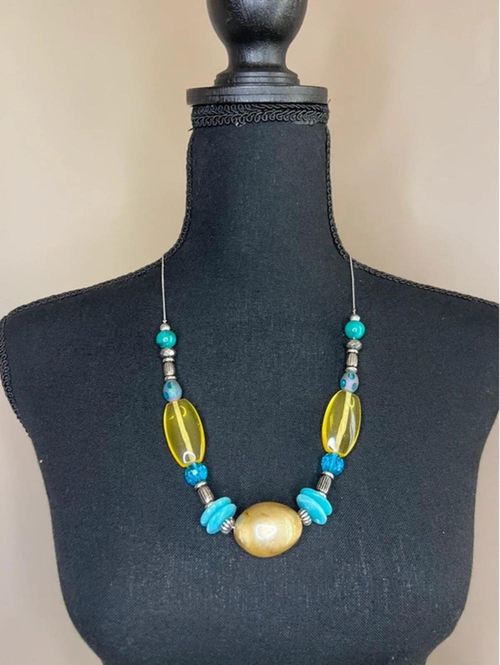 Colorful Statement Beaded Necklace Turquoise Blue Yellow Silver Tone Boho